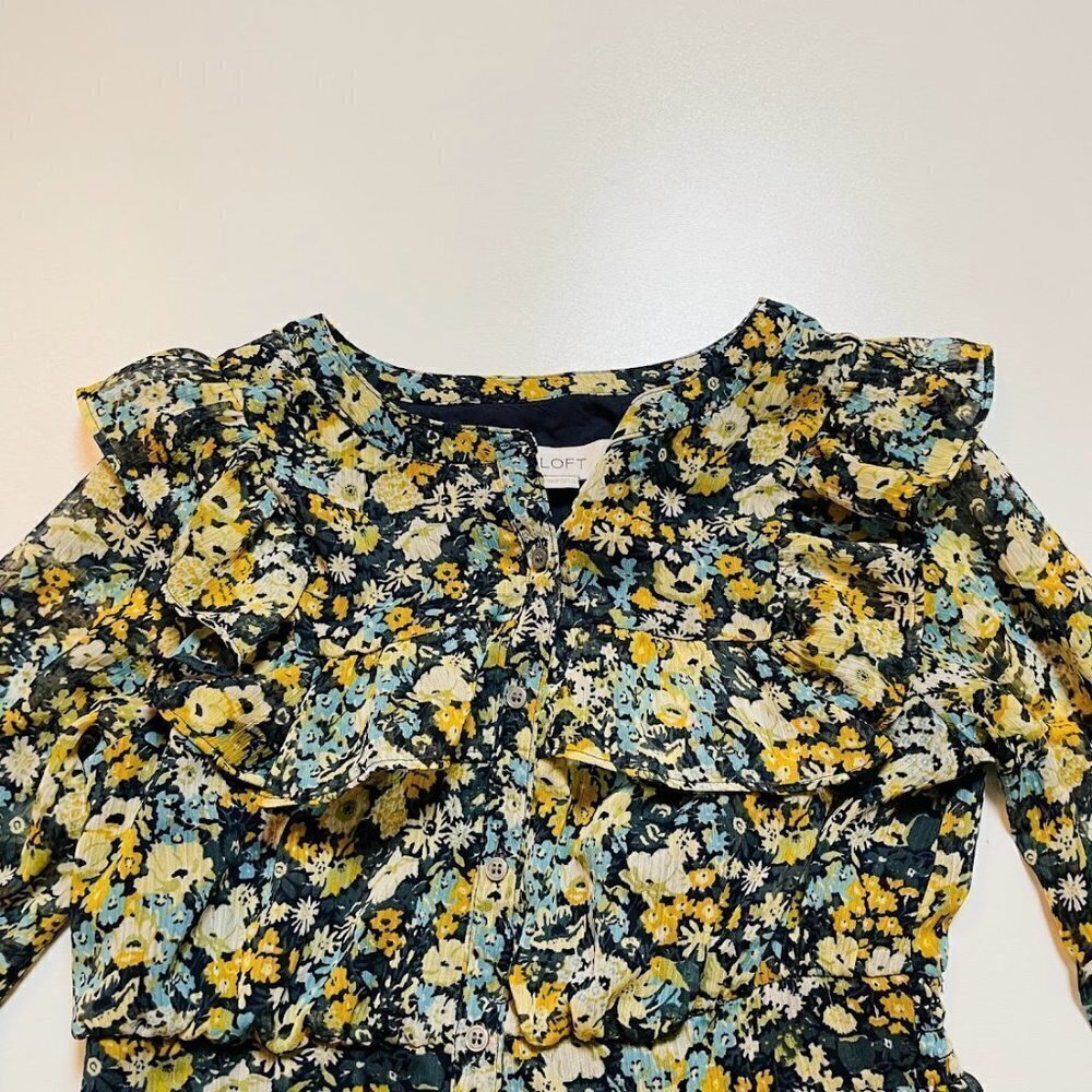 NWT Ann Taylor LOFT Dress Midi Floral Cottagecore Ruffle Button Down Petite XXS - Picture 4 of 10